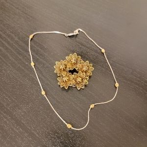 🔴 Vintage Silver Gold Necklace + Unsigned Antiqued Gold Tone Wreath Broo